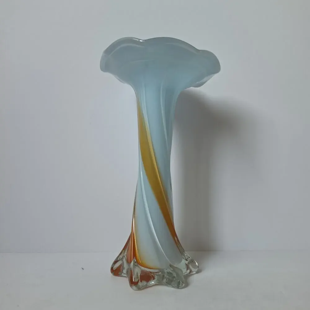 Vtg Murano Style Jack in the Pulpit Orange Blue White Ribbed Art Glass Vase 9”